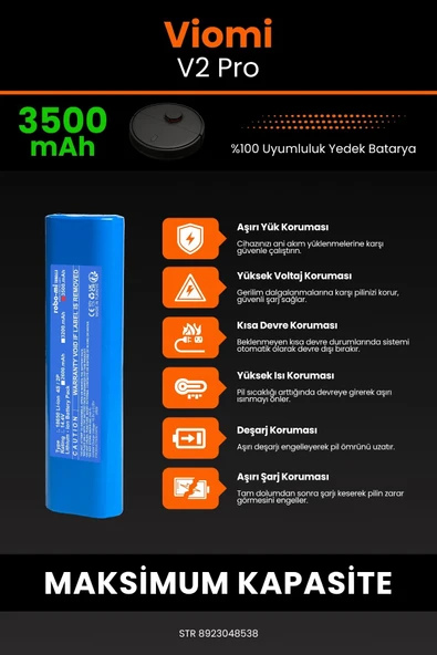 robo-mi Viomi V2 Pro 3500mAh Robot Süpürge Bataryası - Sertifikalı Güvenlik, Gerçek Kapasite - 5