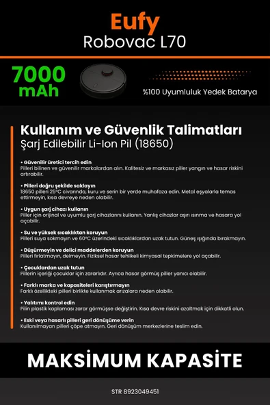 robo-mi Eufy Robovac L70 7000mAh Robot Süpürge Bataryası - Yüksek Yoğunluklu Li-ion Hücre - 7