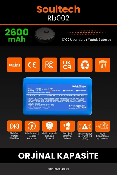 robo-mi Soultech RB002 2600mAh Robot Süpürge Bataryası - Koruma Katmanlı Batarya Teknolojisi - 3