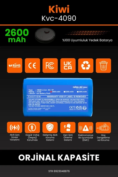 robo-mi Kiwi KVC-4090 2600mAh Robot Süpürge Bataryası - Koruma Katmanlı Batarya Teknolojisi - 3