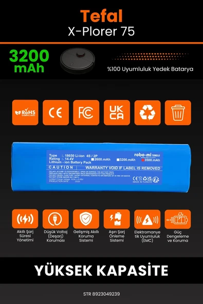 robo-mi Tefal X-Plorer 75 3200mAh Robot Süpürge Bataryası - Yüksek Yoğunluklu Li-ion Hücre - 3