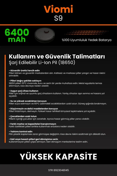 robo-mi Viomi S9 6400mAh Robot Süpürge Bataryası - Sertifikalı Güvenlik, Gerçek Kapasite - 7