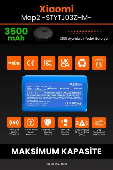 robo-mi Xiaomi Mi Vacuum Mop 2 STYTJ03ZHM 3500mAh Robot Süpürge Bataryası - Yüksek Yoğunluklu Li-ion Hücre - 3