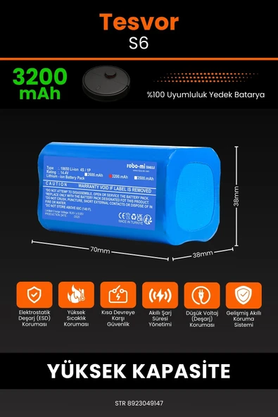 robo-mi Tesvor S6 3200mAh Robot Süpürge Bataryası - Yüksek Yoğunluklu Li-ion Hücre - 2