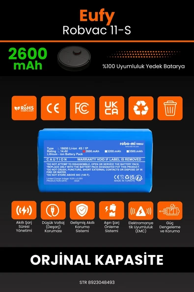 robo-mi Eufy Robovac 11S 2600mAh Robot Süpürge Bataryası - Sertifikalı Güvenlik, Gerçek Kapasite - Resim 3