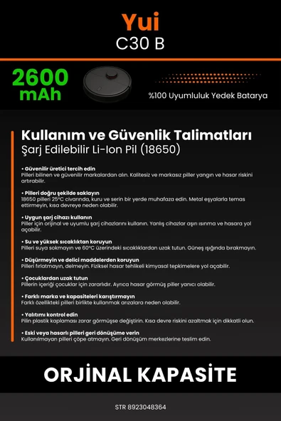 robo-mi Yui C30B 2600mAh Robot Süpürge Bataryası - Sertifikalı Güvenlik, Gerçek Kapasite - 7