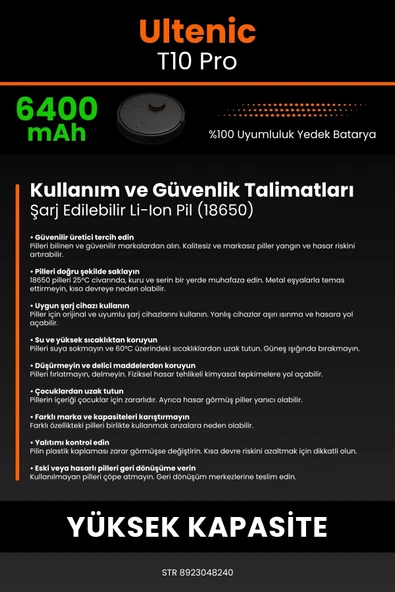 robo-mi Ultenic T10 Pro 6400mAh Robot Süpürge Bataryası - Sertifikalı Güvenlik, Gerçek Kapasite - 7