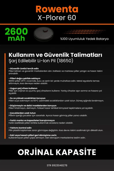 robo-mi Rowenta X-Plorer 60 2600mAh Robot Süpürge Bataryası - Sertifikalı Güvenlik, Gerçek Kapasite - 7