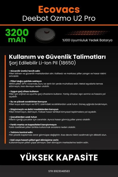 robo-mi Ecovacs Deebot Ozmo U2 Pro 3200mAh Robot Süpürge Bataryası - Sertifikalı Güvenlik, Gerçek Kapasite - Resim 7