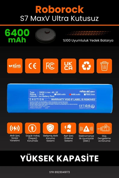robo-mi Roborock S7 MaxV 6400mAh Robot Süpürge Bataryası - Yüksek Yoğunluklu Li-ion Hücre - 3