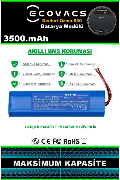 robo-mi Ecovacs Deebot Ozmo 930 3500mAh Robot Süpürge Bataryası - Yüksek Yoğunluklu Li-ion Hücre - Resim 4