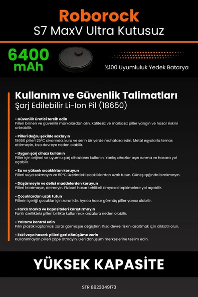 robo-mi Roborock S7 MaxV 6400mAh Robot Süpürge Bataryası - Yüksek Yoğunluklu Li-ion Hücre - 7