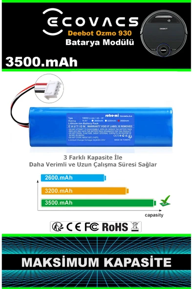 robo-mi Ecovacs Deebot Ozmo 930 3500mAh Robot Süpürge Bataryası - Yüksek Yoğunluklu Li-ion Hücre - Resim 2