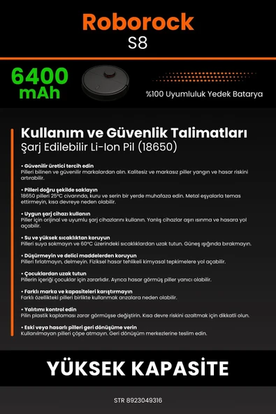 robo-mi Roborock S8 6400mAh Robot Süpürge Bataryası - Yüksek Yoğunluklu Li-ion Hücre - 7
