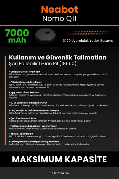 robo-mi Neabot Nomo Q11 7000mAh Robot Süpürge Bataryası - Sertifikalı Güvenlik, Gerçek Kapasite - 7