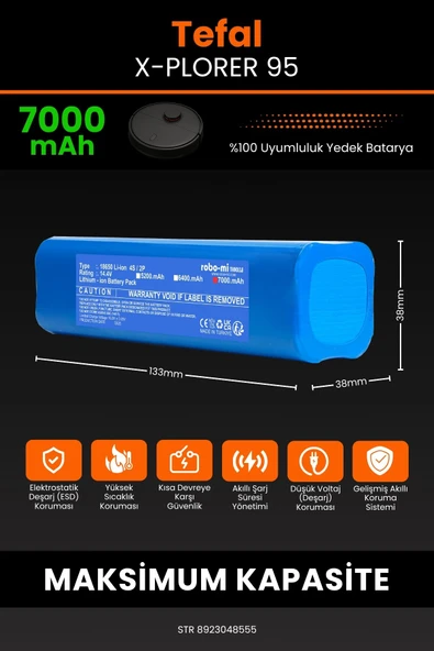 robo-mi Tefal X-Plorer 95 7000mAh Robot Süpürge Bataryası - Sertifikalı Güvenlik, Gerçek Kapasite - Resim 2