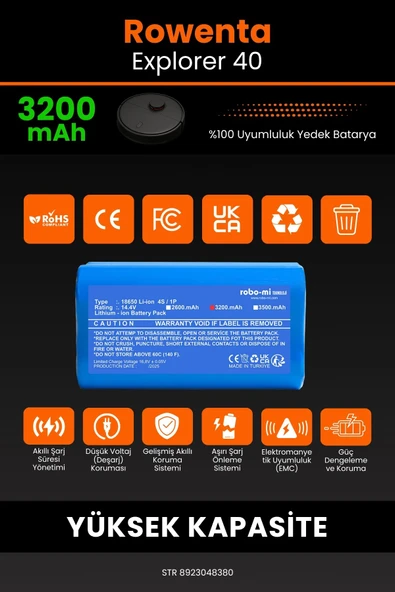 robo-mi Rowenta Explorer 40 3200mAh Robot Süpürge Bataryası - Sertifikalı Güvenlik, Gerçek Kapasite - 3