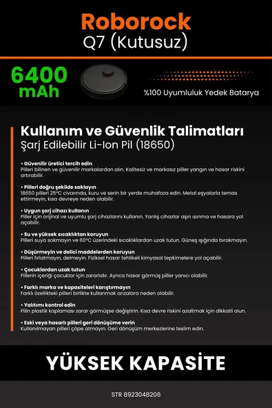 robo-mi Roborock Q7 6400mAh Robot Süpürge Bataryası - Sertifikalı Güvenlik, Gerçek Kapasite - 7