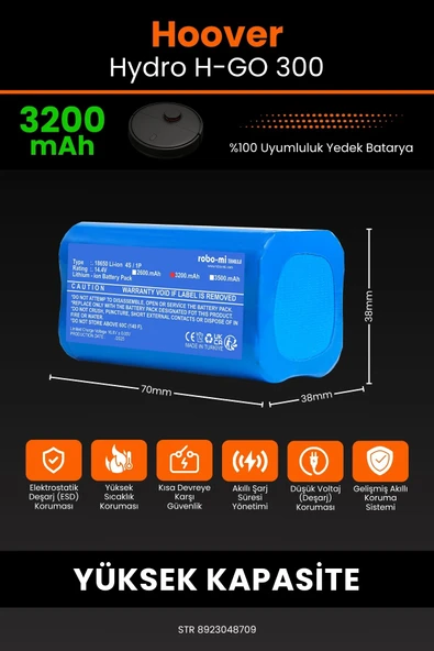 robo-mi Hoover H-GO 300 Hydro 3200mAh Robot Süpürge Bataryası - Koruma Katmanlı Batarya Teknolojisi - Resim 2