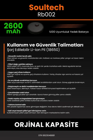 robo-mi Soultech RB002 2600mAh Robot Süpürge Bataryası - Koruma Katmanlı Batarya Teknolojisi - 7