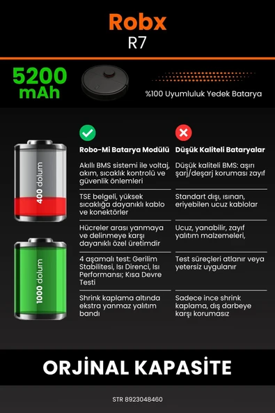 robo-mi Robx R7 5200mAh Robot Süpürge Bataryası - Sertifikalı Güvenlik, Gerçek Kapasite - 6