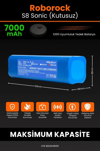 robo-mi Roborock S8 Sonic 7000mAh Robot Süpürge Bataryası - Yüksek Yoğunluklu Li-ion Hücre - 2