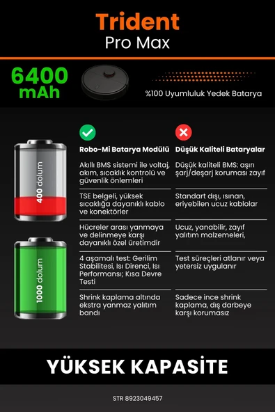 robo-mi Trident Pro Max 6400mAh Robot Süpürge Bataryası - Yüksek Yoğunluklu Li-ion Hücre - Resim 6