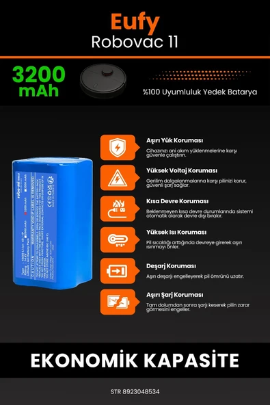 robo-mi Eufy Robovac 11 3200mAh Robot Süpürge Bataryası - Sertifikalı Güvenlik, Gerçek Kapasite - 5
