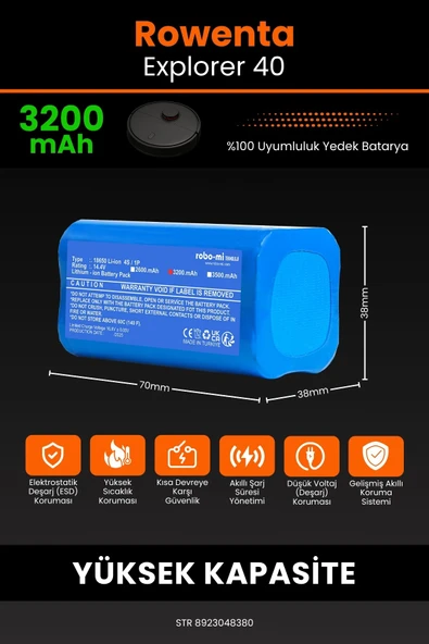 robo-mi Rowenta Explorer 40 3200mAh Robot Süpürge Bataryası - Sertifikalı Güvenlik, Gerçek Kapasite - 2