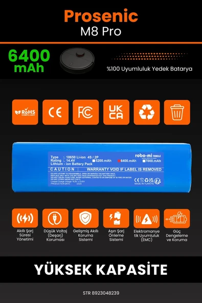 robo-mi Proscenic Prosenic M8 Pro 6400mAh Robot Süpürge Bataryası - Sertifikalı Güvenlik, Gerçek Kapasite - 3
