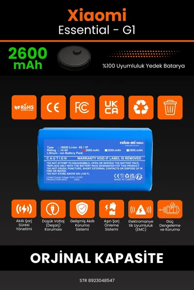 robo-mi Xiaomi Mi Vacuum Mop Essential 2600mAh Robot Süpürge Bataryası - Sertifikalı Güvenlik - 3