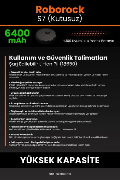 robo-mi Roborock S7 6400mAh Robot Süpürge Bataryası - Koruma Katmanlı Batarya Teknolojisi - 7