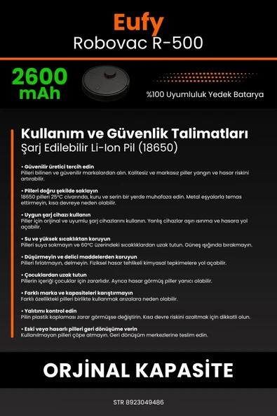 robo-mi Eufy Robovac R500 2600mAh Robot Süpürge Bataryası - Yüksek Yoğunluklu Li-ion Hücre - 7