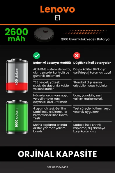 robo-mi Lenovo E1 2600mAh Robot Süpürge Bataryası - Yüksek Yoğunluklu Li-ion Hücre - 6