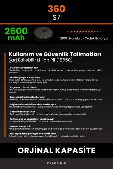 robo-mi 360 S7 2600mAh Robot Süpürge Bataryası - Sertifikalı Güvenlik, Gerçek Kapasite - 7