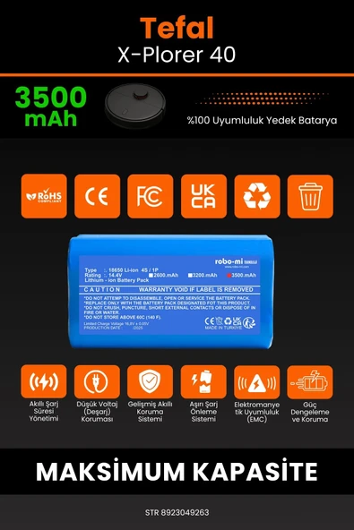 robo-mi Tefal X-Plorer 40 3500mAh Robot Süpürge Bataryası - Yüksek Yoğunluklu Li-ion Hücre - Resim 3