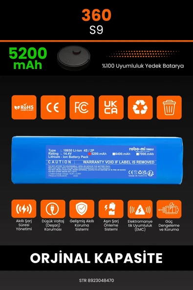 robo-mi 360 S9 5200mAh Robot Süpürge Bataryası - Sertifikalı Güvenlik, Gerçek Kapasite - Resim 3