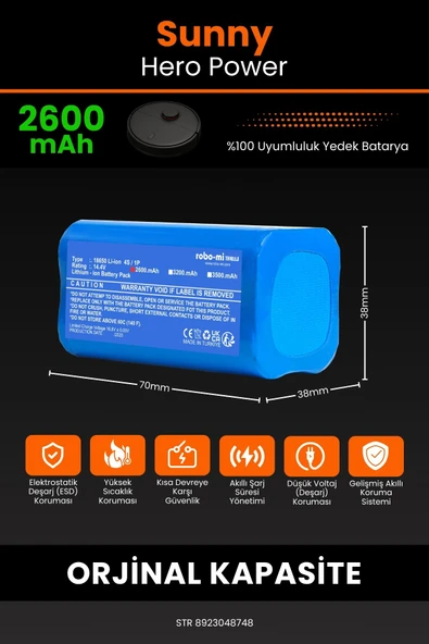 robo-mi Sunny Hero Power 2600mAh Robot Süpürge Bataryası - Koruma Katmanlı Batarya Teknolojisi - 2