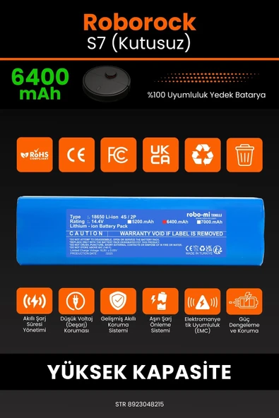 robo-mi Roborock S7 6400mAh Robot Süpürge Bataryası - Sertifikalı Güvenlik, Gerçek Kapasite - 3
