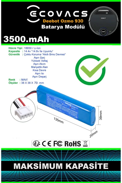 robo-mi Ecovacs Deebot Ozmo 930 3500mAh Robot Süpürge Bataryası - Yüksek Yoğunluklu Li-ion Hücre - Resim 6