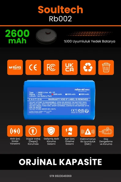 robo-mi Soultech RB002 2600mAh Robot Süpürge Bataryası - Yüksek Yoğunluklu Li-ion Hücre - 3
