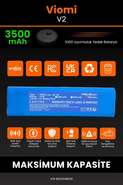 robo-mi Viomi V2 3500mAh Robot Süpürge Bataryası - Sertifikalı Güvenlik, Gerçek Kapasite - 3