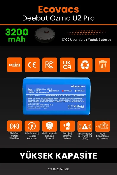 robo-mi Ecovacs Deebot Ozmo U2 Pro 3200mAh Robot Süpürge Bataryası - Sertifikalı Güvenlik, Gerçek Kapasite - Resim 3