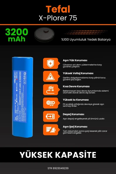 robo-mi Tefal X-Plorer 75 3200mAh Robot Süpürge Bataryası - Yüksek Yoğunluklu Li-ion Hücre - 5