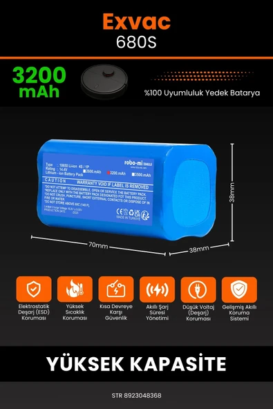 robo-mi Exvac Exvac 680S 3200mAh Robot Süpürge Bataryası - Sertifikalı Güvenlik, Gerçek Kapasite - 2