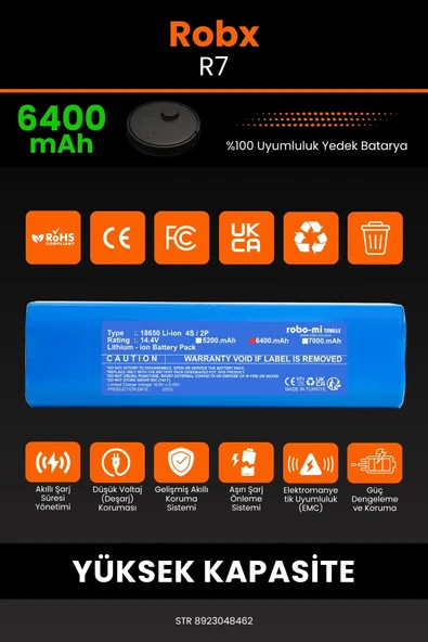 robo-mi Robx R7 6400mAh Robot Süpürge Bataryası - Sertifikalı Güvenlik, Gerçek Kapasite - 3