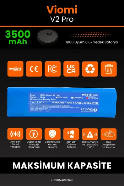 robo-mi Viomi V2 Pro 3500mAh Robot Süpürge Bataryası - Sertifikalı Güvenlik, Gerçek Kapasite - 3
