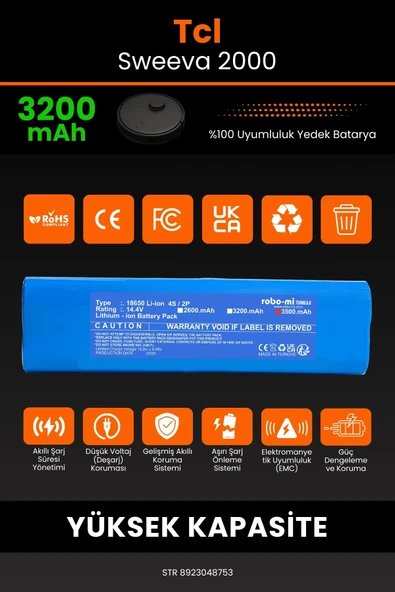 robo-mi Tcl Sweeva 2000 3200mAh Robot Süpürge Bataryası - Koruma Katmanlı Batarya Teknolojisi - Resim 3