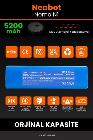robo-mi Neabot Nomo N1 5200mAh Robot Süpürge Bataryası - Yüksek Yoğunluklu Li-ion Hücre - 3