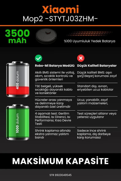 robo-mi Xiaomi Mi Vacuum Mop 2 STYTJ03ZHM 3500mAh Robot Süpürge Bataryası - Yüksek Yoğunluklu Li-ion Hücre - 6